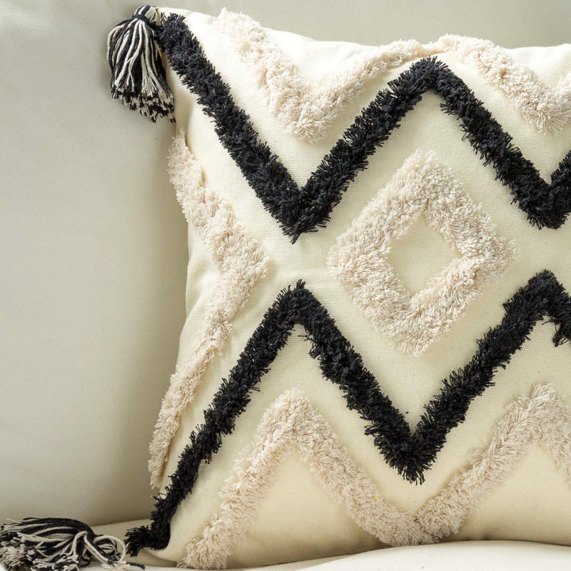 Snugtown Woven Tufted Boho Throw Pillow Cover, Modern Decorative Geometric Chevron Striped Cushion with Tassels, Farmhouse Tribal Pillowcases for Couch Sofa Bedroom Living Room, 18 x 18 Inches, Black, Ivory - Image 2